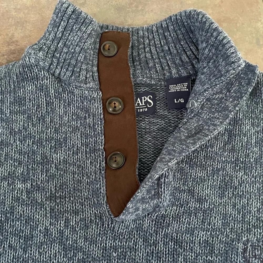 Chaps Button Mock Neck Sweater Mens Large Faux‎ Suede Elbow Patch Blue Pullover
